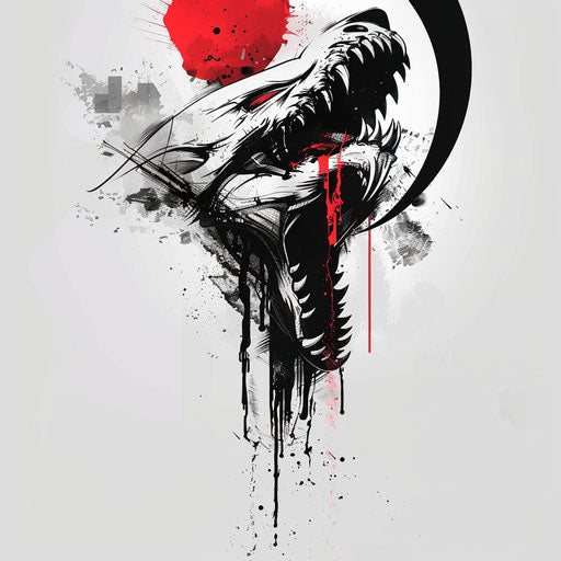 Abstract tattoo sketch of venom dripping from fangs, flat style in monochrome with a splash of red