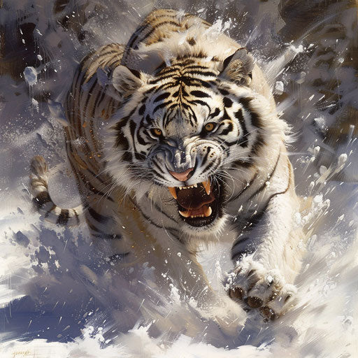The intense pursuit of a white tiger in a snowy terrain