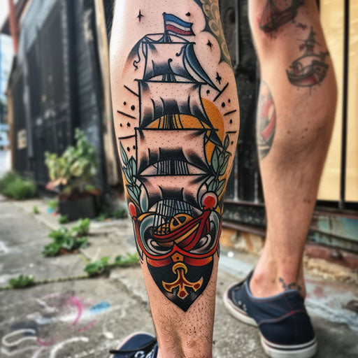 Bold leg tattoo for men: anchors and ships