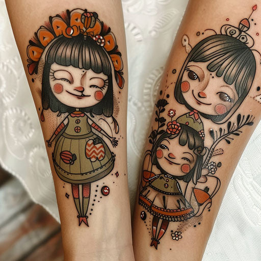 Mother and daughter tattoos with whimsical themes