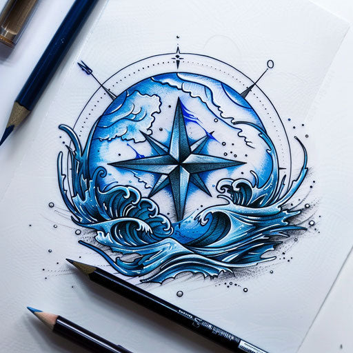 North Star with ocean waves in cool blue palette