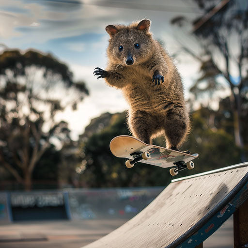 The quokka skateboarder in an urban skate park