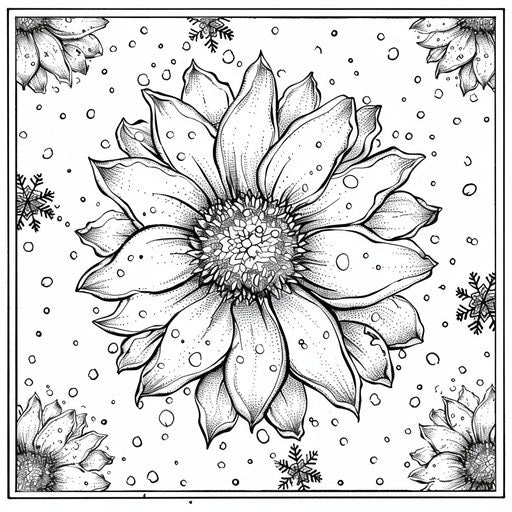 A daisy covered in snowflakes, in the style of Jan Brett, Coloring book page