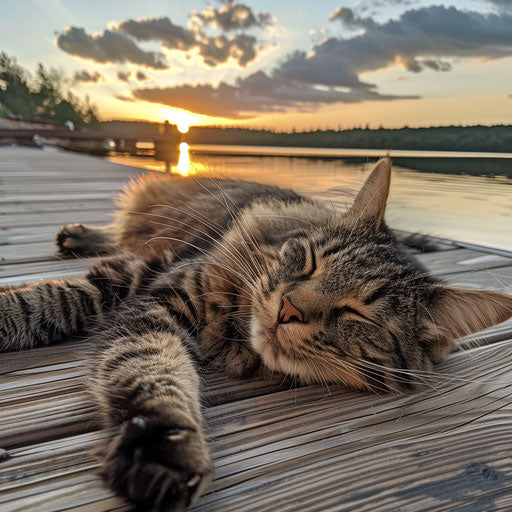 Tortoise cat lying on a dock