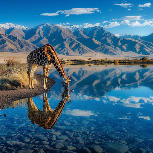 Giraffe bending to drink from crystal-clear lake