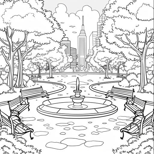 Urban park with trees, benches, and fountain - Coloring book
