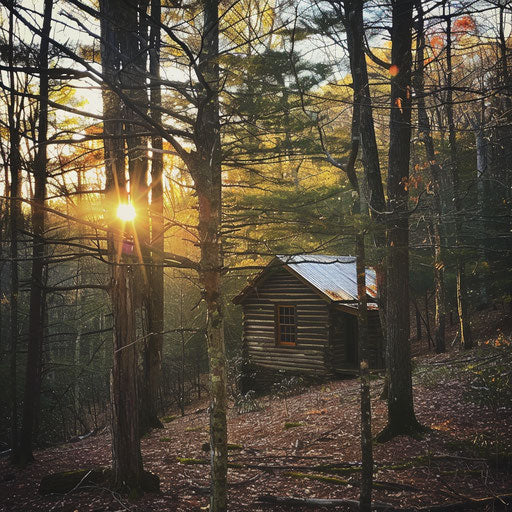 Appalachian Mountains, forest, 1 room cabin, sunrise, spring