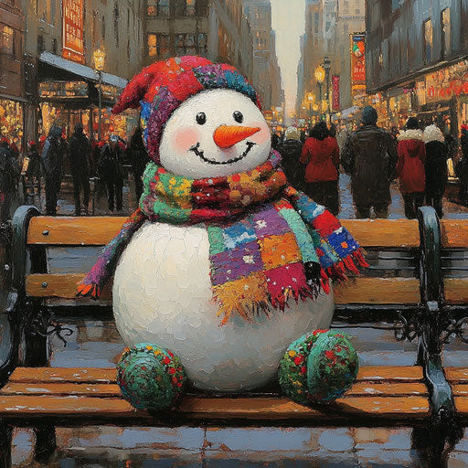 Snowman on city bench, watching bustling holiday shoppers with colorful scarf.