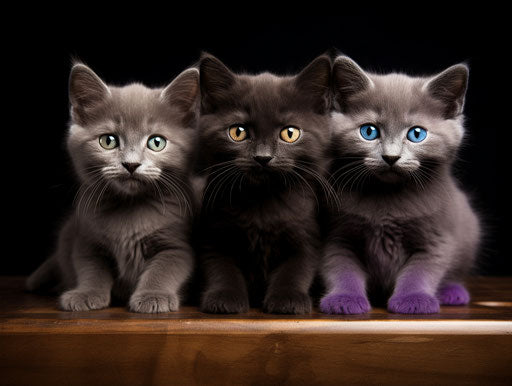 Four gray kittens on white background, dark purple and dark gold style