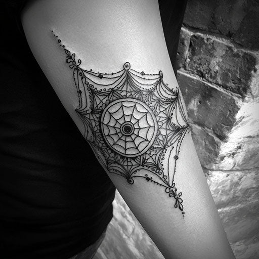 Elbow tattoo with spider web and mandala designs