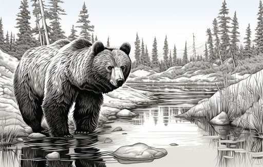 Brown bear in a creek, black-and-white graphic style