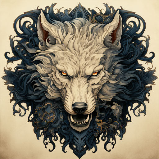 Angry wolf head, intricate composition style