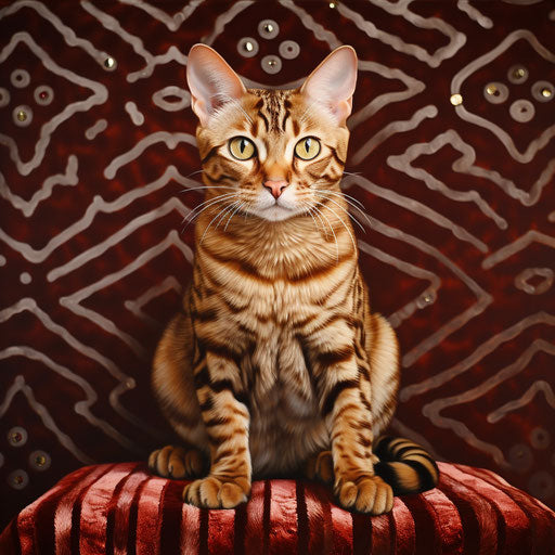 Bengal cat on sofa, light maroon and light gold style