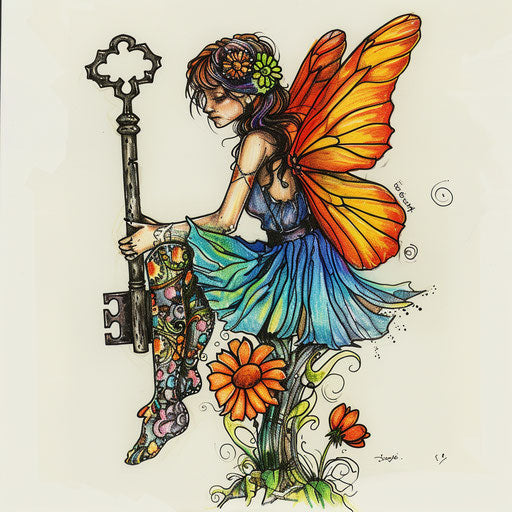 Whimsical tattoo sketch of a fairy sitting on a key