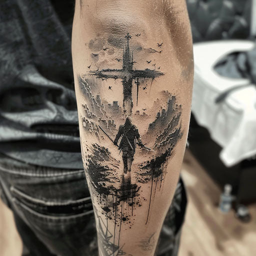 Epic quest: cross tattoo for men in Peter Jackson style