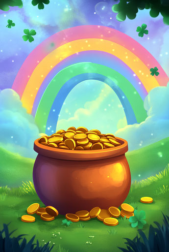 Cartoon pot of gold with rainbow and shamrocks