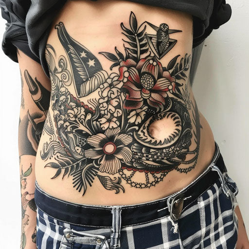Ed Hardy-inspired stomach tattoos with iconic American motifs