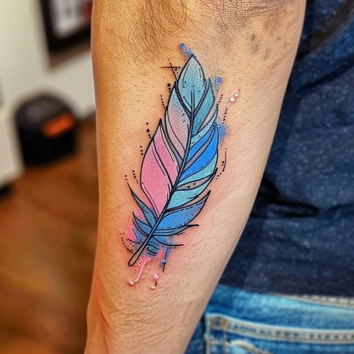 Elegant flat sketch of a neon feather with shimmering blue and pink hues