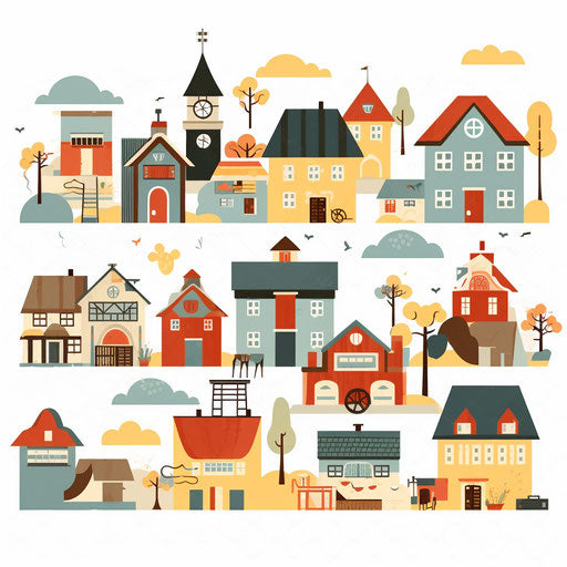 Village in Minimalist style on white background