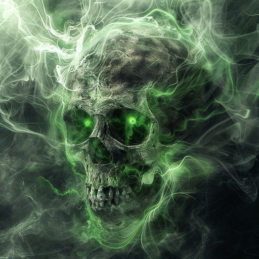 Gray and green skull with a ghost of a green eye