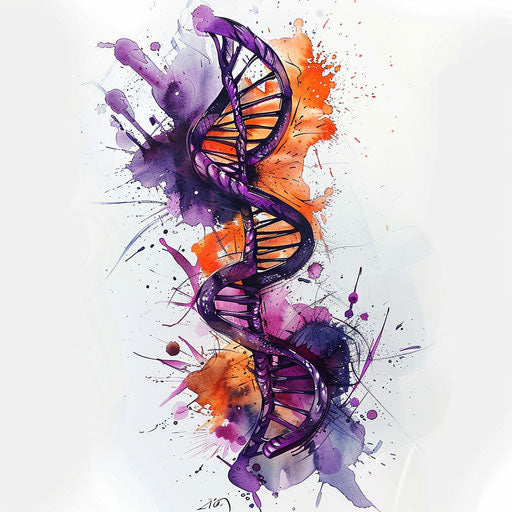 Abstract DNA tattoo sketch in clipart style with purple and orange watercolor splashes