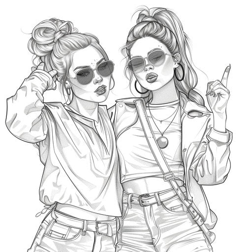 Best friends wearing matching outfits and striking a pose. Coloring book page