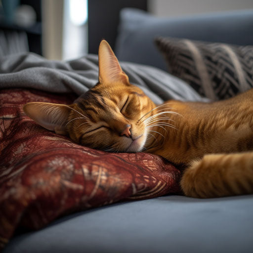 Abyssinian cat resting on a couch with its owner
