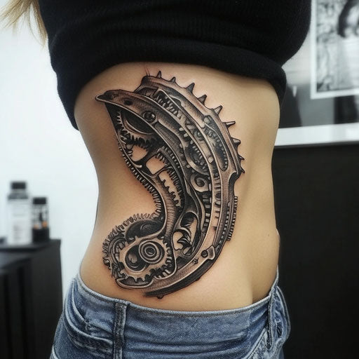 Side tattoos for women with biomechanical design and gears