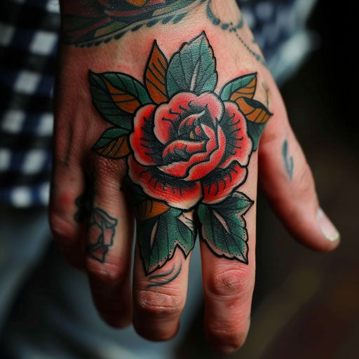 Finger tattoos with traditional rose designs in the style of Ed Hardy for men