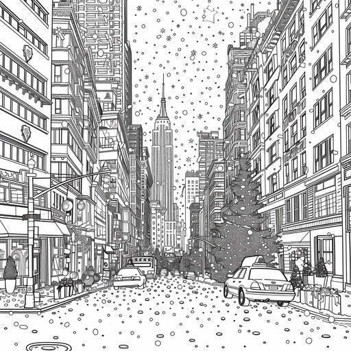 Detailed cityscape with Christmas lights Stephen Wiltshire style Coloring book page