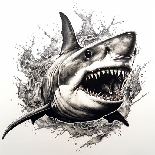 Black and white shark illustration, dark bronze style