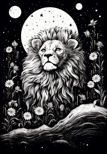 Tattoo of a lion in the night sky with a lotus flower