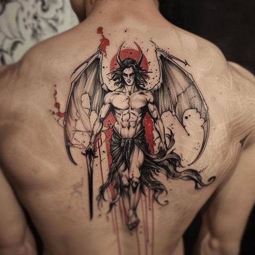 Bold black and red sketch of Lucifer