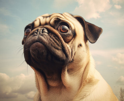 Person pug dog looking up