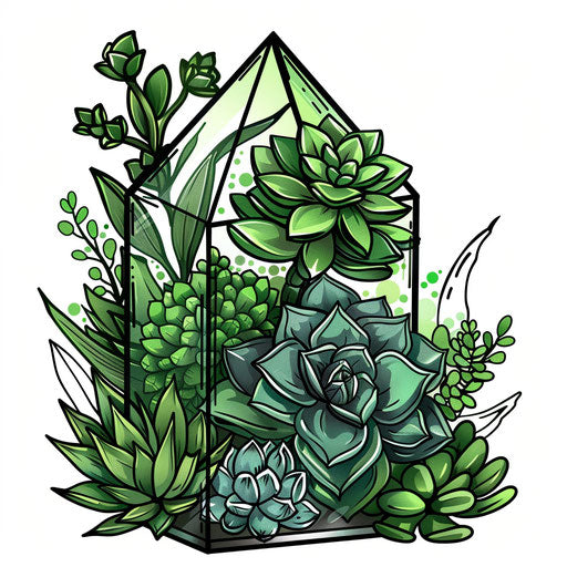 Botanical clipart style flat tattoo sketch for dotwork tattoo, a variety of succulents in a geometric terrarium, green shades