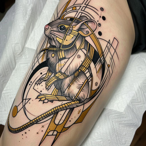Dramatic tattoo sketch of a rat in an art deco style