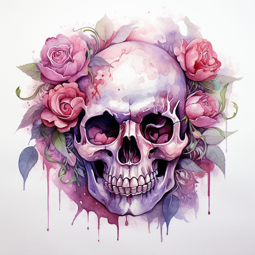 Watercolor skull and roses illustration, dystopian realism style