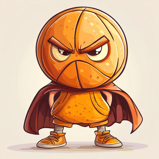 Humorous caricature of a basketball clipart with human characteristics, exaggerated rosy cheeks, small feet, cape, vibrant colors, cartoon style, angry, high resolution, no background, isolated