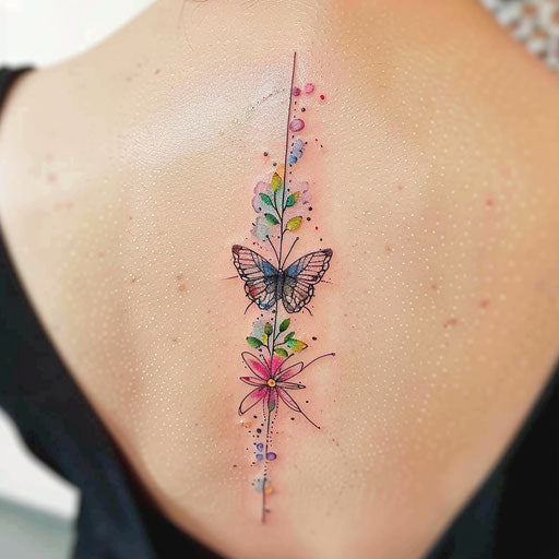 Colorful watercolor butterfly spine tattoo splashing