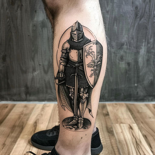Medieval knight leg tattoo in the style of Adrian Smith
