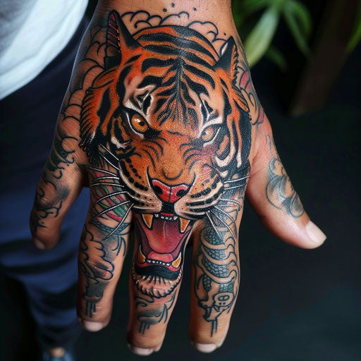Small hand tattoos of a tiger, Ed Hardy style