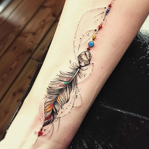 Bohemian flat tattoo sketch of a feather and rock balance, adorned with colorful beads and intricate lines