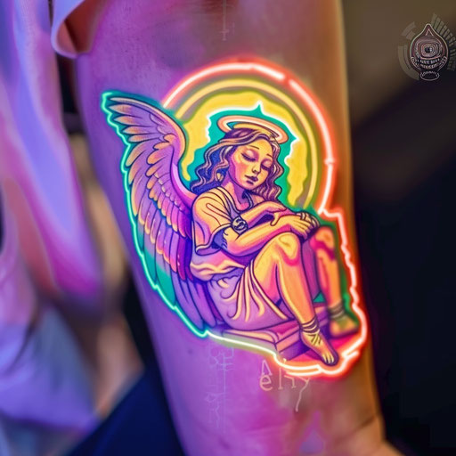 Neon guardian angel tattoo, glowing against white background