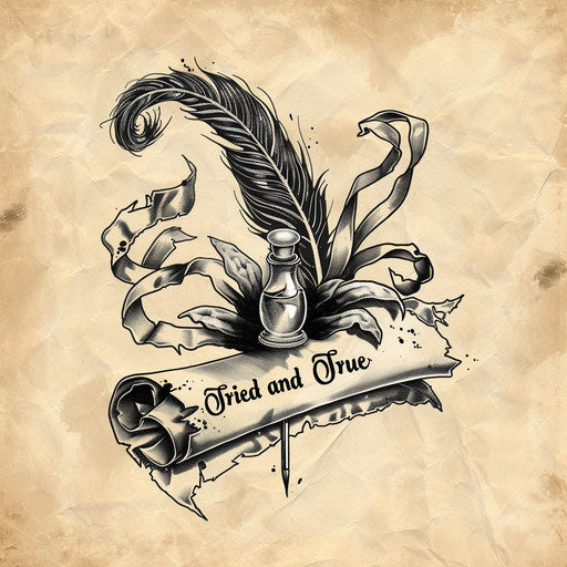 Inspired tattoo sketch of a quill writing 'Tried and True' on a scroll in classic black and parchment colors
