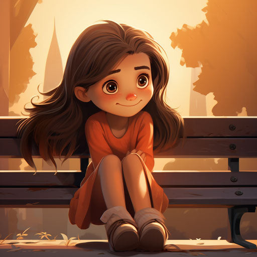 Cartoon girl on bench, smiling, dreamy style brown/beige