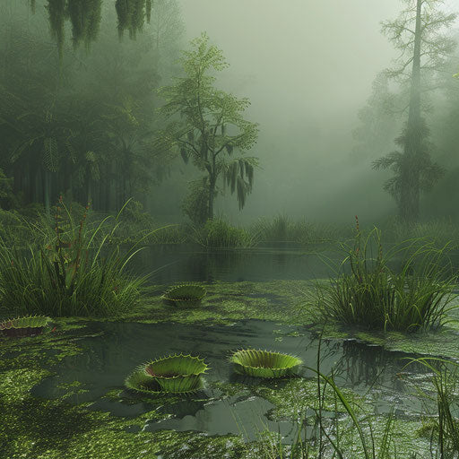 Venus flytrap in lush green swamp, mysterious fog above water