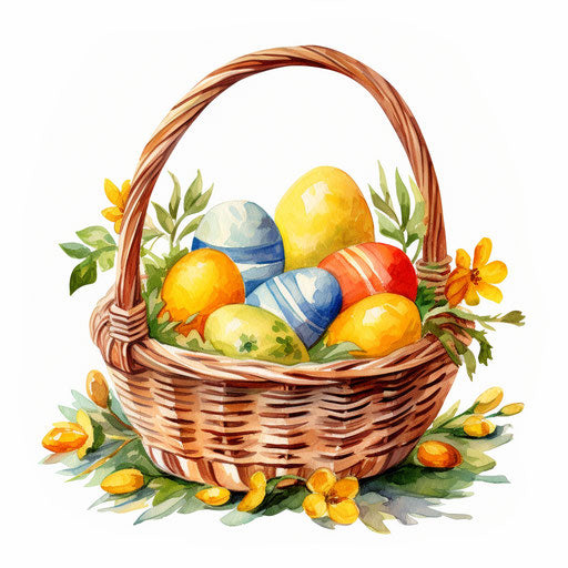 Easter basket clipart in the style of Oil painting, on white background