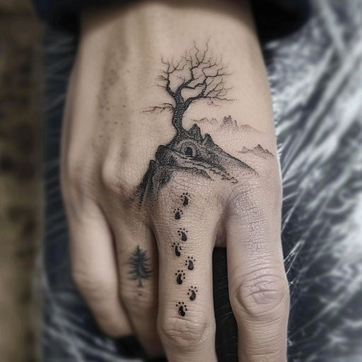 Finger tattoos for women in the style of Peter Jackson with hobbit footprints