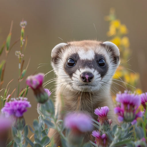 A black-footed ferret peeking curiously from behind a wildflower.