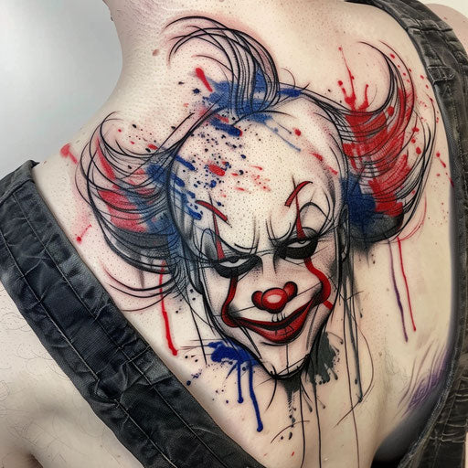 Expressionist clown tattoo with intense colors on white